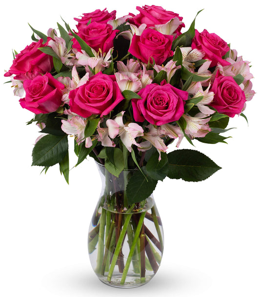 BENCHMARK BOUQUETS - Charming Roses & Alstroemeria (Glass Vase Included)